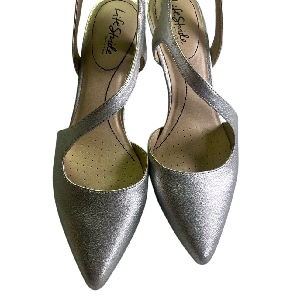 Life Stride Silver Heels Pointed Toe Sleek Strappy 9W d'Orsay Design 3 " Pumps